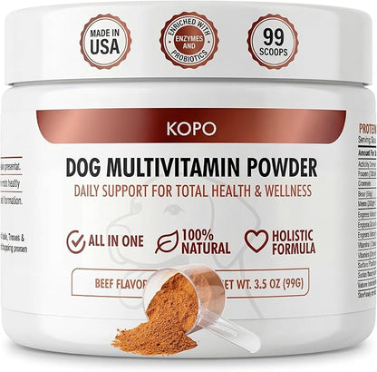 Kopo Dog Multivitamin Powder | Supports Heart, Daily Vitality, Immune Health, Digestion, Skin & Coat and Hip & Joint | For Puppy, Adult & Senior Dogs | Beef Liver Flavor | All Breeds Sizes | 99 Scoops