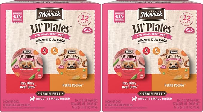 Merrick Lil’ Plates Grain Free Dinner Duos Soft Natural Wet Small Dog Food Variety Pack,Beef and Chicken - 3.5 lb. Tubs,(Pack of 24)