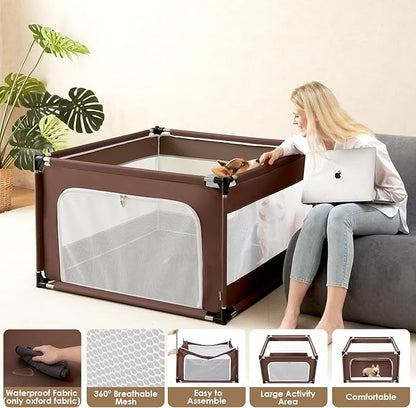 EHEYCIGA 42x42x26 Inches Puppy Playpen Without Top Cover for Dogs & Cats Indoor or Outdoor - Dog Playpen with Door, Dog Fence for Small Animal with Heavy-Duty Oxford & Steel Frame, Brown