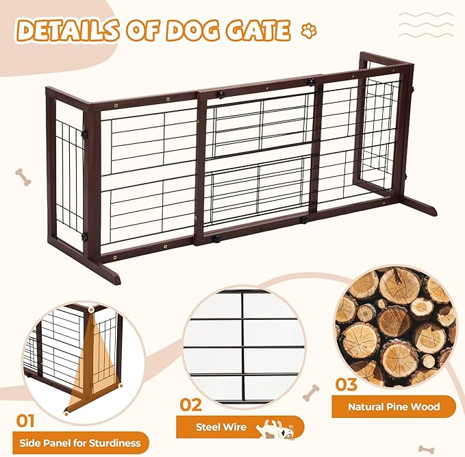 COZIWOW 38-67" Dog Gate Indoor, Free Standing Pet Gate for Doorways Extra Wide, Wooden Fence Puppy Safety Gates for The House, Stairs, Hallway, No Drilling Required,Brown