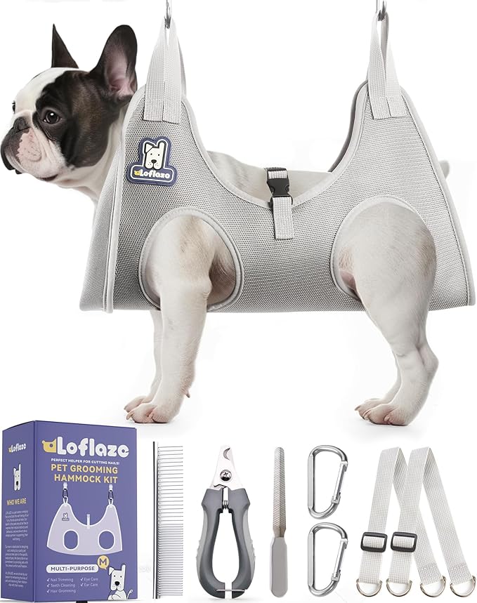 Loflaze Dog Grooming Hammock Harness for Dogs & Cats with Pet Nail Clipper Trimmer - Cat Hanger Sling for Trimming Clipping Nails- Dog Hammock Restraint Bag for Small Medium Large pet （ Purple M）