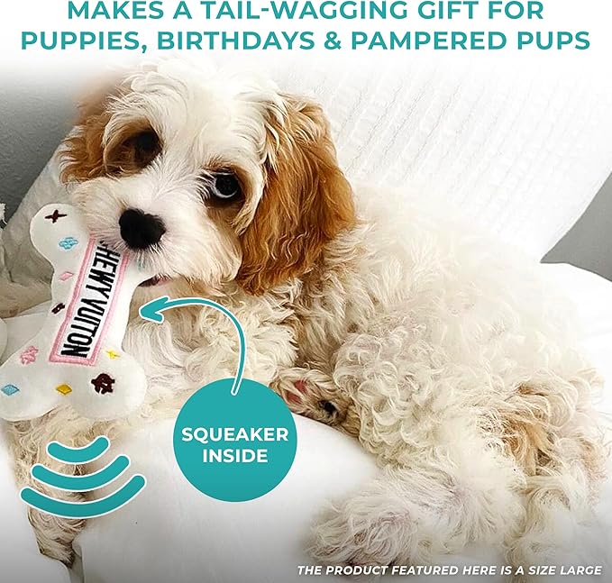 Haute Diggity Dog Chewy Vuiton Bone Plush Squeaky Dog Toy, Soft Durable Designer-Inspired Stuffed Puppy Chew Toys for Small & Medium Dogs, Machine-Washable (White) Large