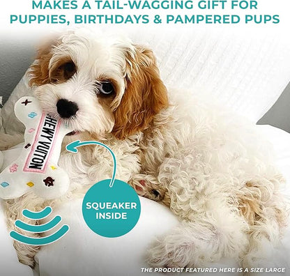 Haute Diggity Dog Chewy Vuiton Bone Plush Squeaky Dog Toy, Soft Durable Designer-Inspired Stuffed Puppy Chew Toys for Small & Medium Dogs, Machine-Washable (White) Small