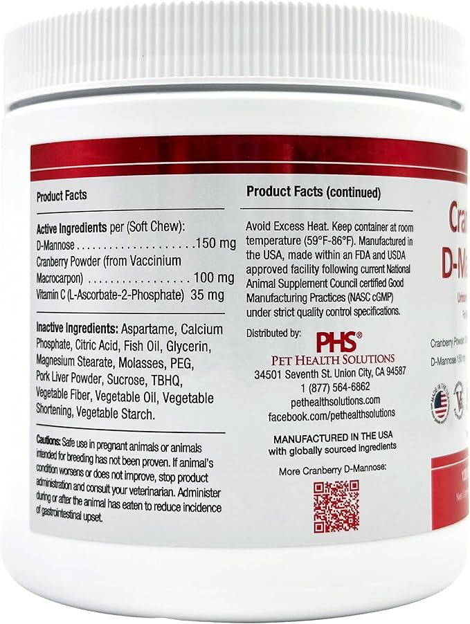 Cranberry D-Mannose Urinary Tract Support Supplement for Cats and Dogs - Cranberry Extract, D-Mannose, Vitamin C - Bladder and UTI Treatment - Made in USA - 120 Soft Chews