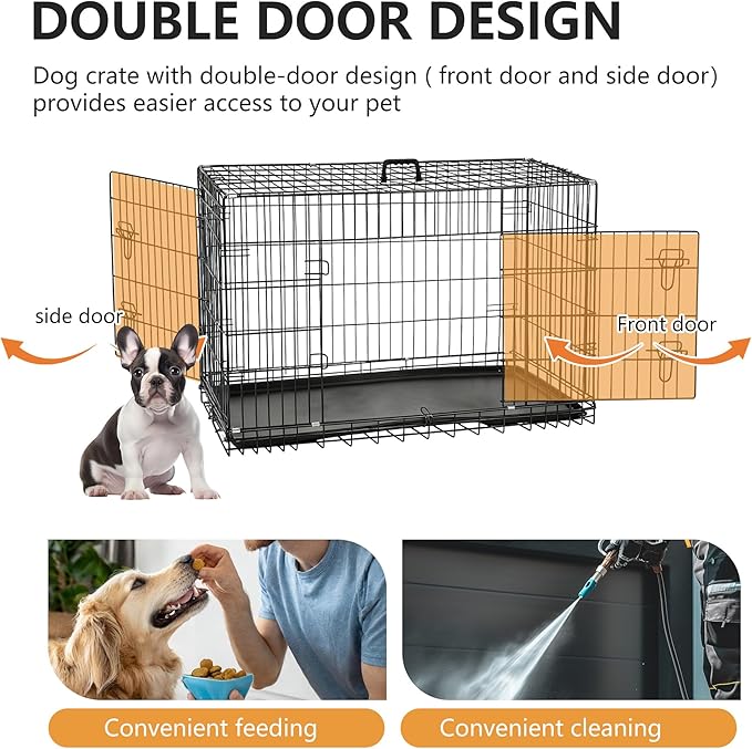 FDW Dog Crate 48-Inch Dog Cage Foldable Metal Kennel with Leakproof Tray Foldable Design Indoor Outdoor Use for XL Large Dogs,Dark Black