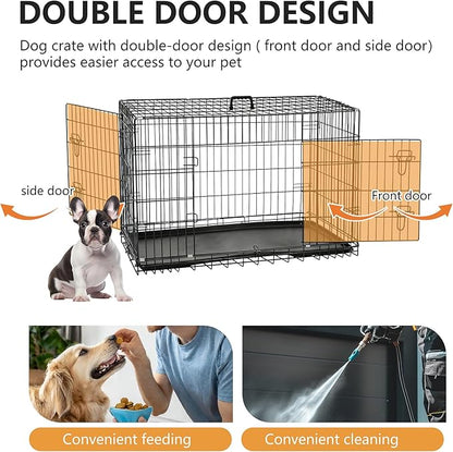 FDW Dog Crate 48-Inch Dog Cage Foldable Metal Kennel with Leakproof Tray Foldable Design Indoor Outdoor Use for XL Large Dogs,Dark Black