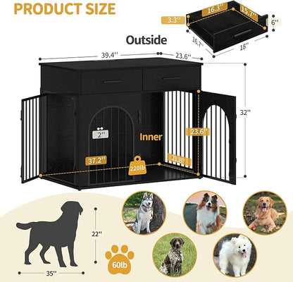 Hzuaneri 39.4'' Large Dog Crate Furniture with 2 Storage Drawers, Heavy Duty Dog Kennel Indoor with Charging Station, Wooden Dog Cage End Table Kennel for Medium/Large Dogs, Black DFC84204B