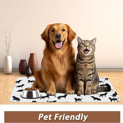 Funny Black Cat Dog Food Mat,Absorbent Pet Feeding Mat with Rubber Backing,Non-Slip Water Bowl Placemat,Indoor Pet Accessories Supplies 16"x24"