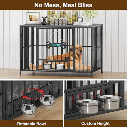 Easycom 43" Dog Crate Furniture Foldable, No Assembly Decorative Dog Kennel Indoor, XL Dog Crates for Large Dogs (60-80 lbs), Wooden Dog Cage with Adjustable Bowls and Name Tag, Dark Grey