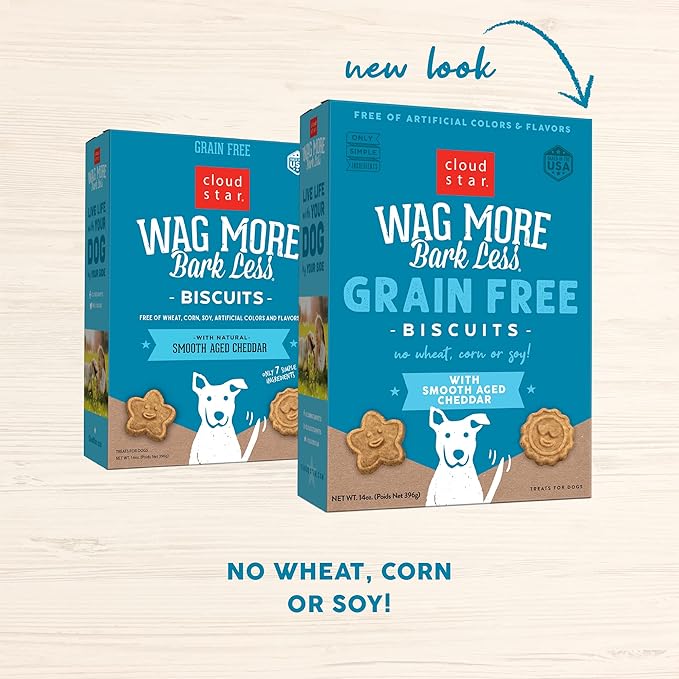 Cloud Star Wag More Bark Less Crunchy Grain Free Dog Treats, Cheddar Cheese, 14 oz. Box (Pack of 2)