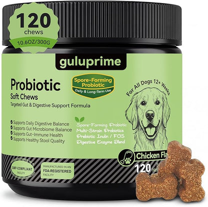 Probiotics for Dogs – Digestive & Gut Health Support, Dog Probiotic Chews with Spore-Forming Bacillus Coagulans, Multi-Strain Lactobacillus + Prebiotic Inulin, Chicken Flavor, 120 Soft Chews
