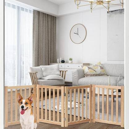 LZRS 4-Panel Wooden Free Standing Foldable Dog Gate Indoor – 24" High, Extra Wide Step-Over Safety Pet Gate for Doorways, Stairs, Hallways, Large Spaces & Playpen for Puppies Indoor Use, Natural