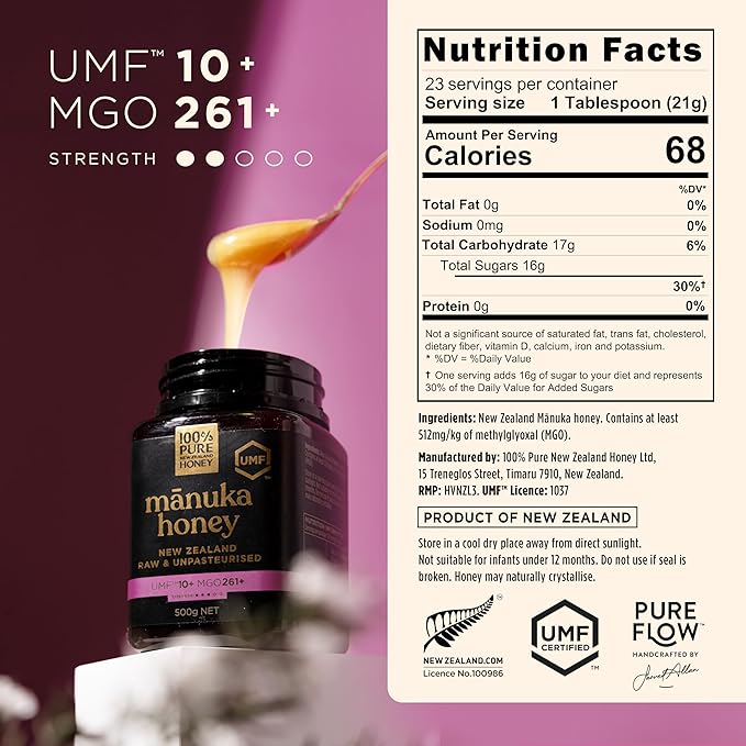 Manuka Honey UMF 10+ (MGO 261+) 100% Pure New Zealand - Certified, Raw, 17.6 Oz (500g)