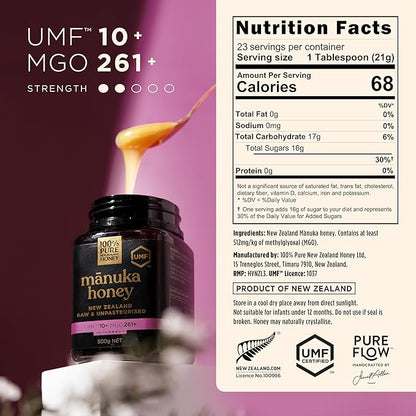 Manuka Honey UMF 10+ (MGO 261+) 100% Pure New Zealand - Certified, Raw, 17.6 Oz (500g)