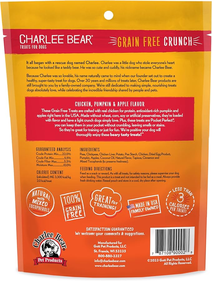 Charlee Bear Crunch Grain Free Dog Treats, Chicken, Pumpkin and Apple, 8 Ounce Resealable Bag, Low Calorie Training Treats for Dogs, Limited Ingredient, Healthy, Crunchy Dog Snacks, Made in USA