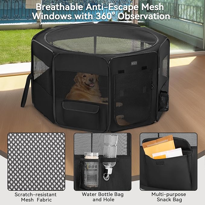 PETSFIT 45.5" Dog Playpen Indoor/Outdoor-Jump-Proof 28.5" Height with Removable Waterproof Mat & Zippered Roof | RV, Camping, Travel Dog Pen | Whelping & Cat Observation Space(45.5"L x 45.5"W x 28.5H)