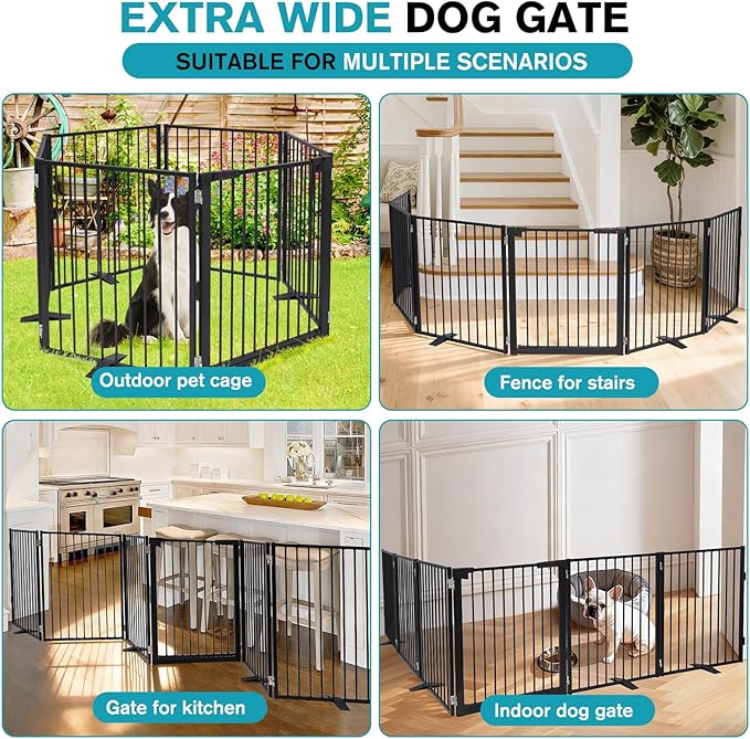 Snagle Paw Extra Wide Dog Gate,Free Standing Dog Fence with Door, Up to 156 Inch Wide Pet Gate with Support Feet for Stairs, Hallways, Doorways, Yard (Black, 6 Panels)