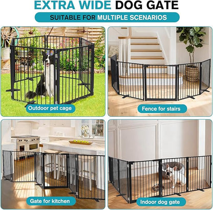 Snagle Paw Extra Wide Dog Gate,Free Standing Dog Fence with Door, Up to 156 Inch Wide Pet Gate with Support Feet for Stairs, Hallways, Doorways, Yard (Black, 6 Panels)