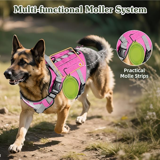 VavoPaw Heavy Duty Tactical Dog Harness for Large Dogs, No Pull Adjustable Pet Harness Reflective Service Training Easy Control Pet Vest Military K9 Working Dog Harnesses, Pink, L
