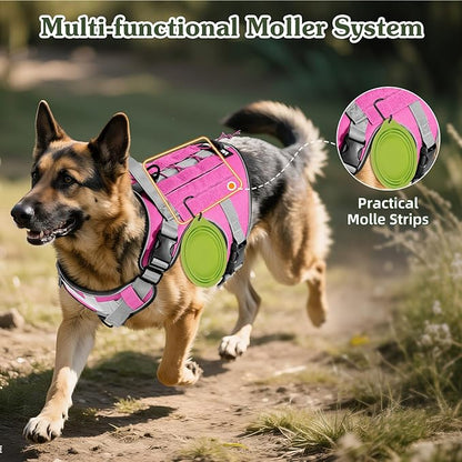 VavoPaw Heavy Duty Tactical Dog Harness for Large Dogs, No Pull Adjustable Pet Harness Reflective Service Training Easy Control Pet Vest Military K9 Working Dog Harnesses, Pink, XL