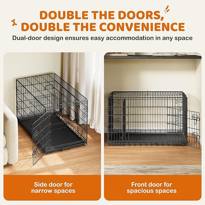 Yaheetech 42 inch Double Door Dog Crate w/Divider for Puppy to Adult XL Collapsible Metal Crate with Removable Tray Wire Dog Kennel for Large Dogs Portable Travel Cage, Black