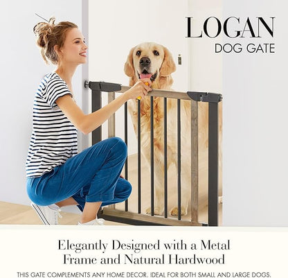 NMN Designs Logan Dog Gate - Indoor Pet Barrier and Wooden Dog Gate with Walk Through Swinging Door - Pressure Mounted for Walls and Stairs - Puppy Gates for the House - Expandable 29.5" to 51.5"