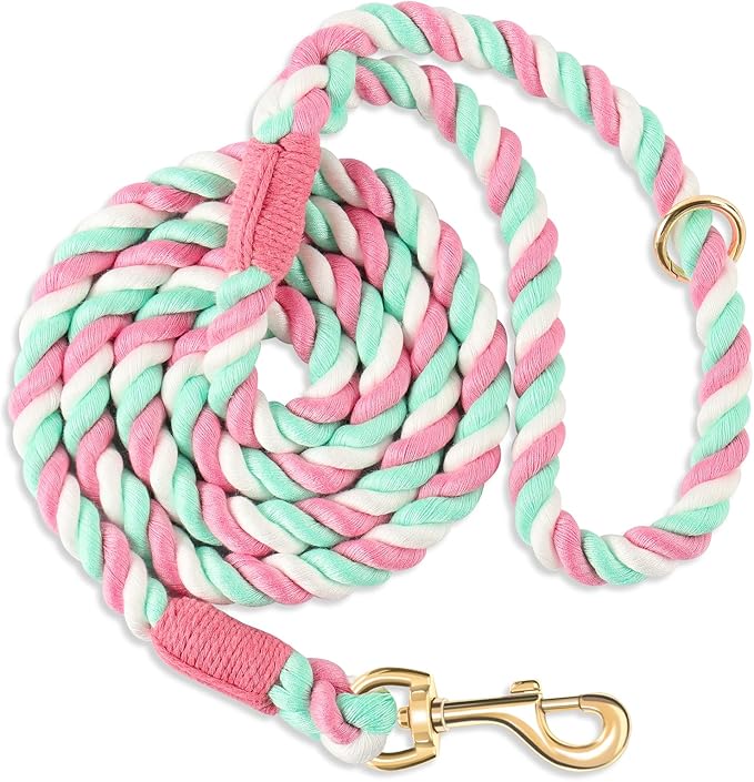Dog Leash 5 FT Handmade Braided Cotton Rope Leashes for Small Medium and Large Dogs, New Golden Heavy Duty Metal Clasp, Cherry Blossom Pink