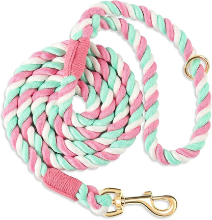 Dog Leash 5 FT Handmade Braided Cotton Rope Leashes for Small Medium and Large Dogs, New Golden Heavy Duty Metal Clasp, Cherry Blossom Pink