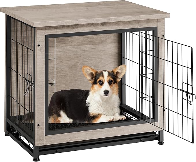 Vongrasig Dog Crate Furniture, Side End Table, Modern Wooden Kennel for Dogs Indoor, Heavy-Duty Dog Cage with Multi-Purpose Removable Tray, Double-Door Dog House, Grey