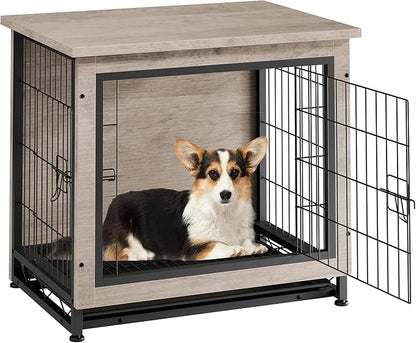 Vongrasig Dog Crate Furniture, Side End Table, Modern Wooden Kennel for Dogs Indoor, Heavy-Duty Dog Cage with Multi-Purpose Removable Tray, Double-Door Dog House, Grey
