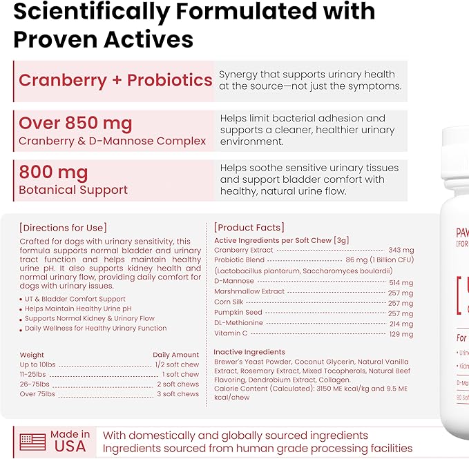 Pawpulse Formula Cranberry for Dogs, Urinary Tract Support for UTI Health, Bladder Stones, Incontinence, Urine Flow, Probiotics for Gut & Immune, 90 Chews
