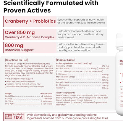 Pawpulse Formula Cranberry for Dogs, Urinary Tract Support for UTI Health, Bladder Stones, Incontinence, Urine Flow, Probiotics for Gut & Immune, 90 Chews