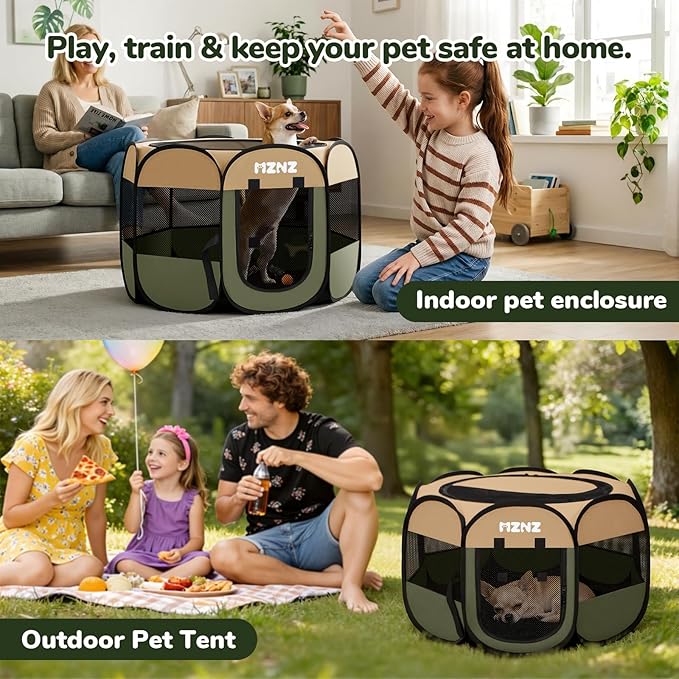 Dog Cat Playpen, Portable Puppy Pet Crate Indoor for Small Dogs Cats Rabbits, Foldable Dog Cage Enclosure for Outdoor, Pop Up Dogs Tent Kennel with Carrying Case, Olive Green