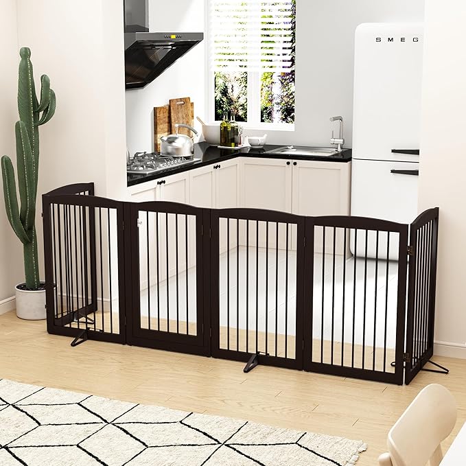 PUPETPO Freestanding Pet Gate with Door, Tall Dog Gate for House, Extra Wide, Pet Puppy Safety Fence, Support Feet Included, 120 Inch Wide, 6 Panels 32" Tall, Brown