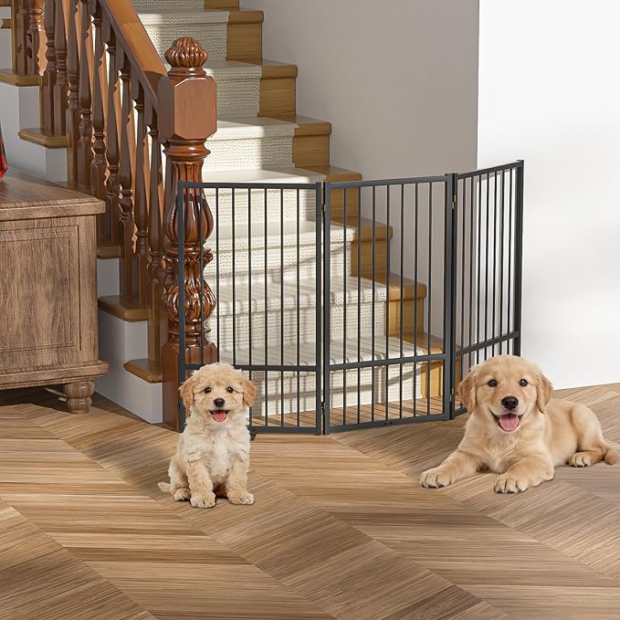 SNUOWU Full Metal Freestanding Dog Gate with Door, 36''Height Foldable Pet Dog Fence for Indoor & Outdoor, 3 Panels Extra Wide Free Standing TallDog Gates for Doorways,House,Stairs,Porch,Deck,Yard