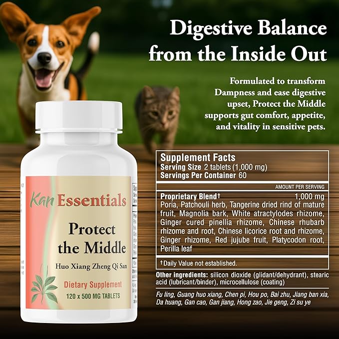 Kan Herb Company Protect The Middle – Traditional Chinese Herbal Blend for Dogs and Cats to Support Digestion, Appetite, and Gut Comfort, Herbal Supplement for Pets, 120 Tablets