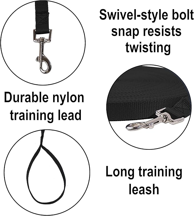 Hi Kiss Dog/Puppy Obedience Recall Training Agility Lead - 15ft 20ft 30ft 50ft 100ft Training Leash - Great for Play, Camping, or Backyard - Black 20ft