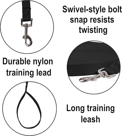 Hi Kiss Dog/Puppy Obedience Recall Training Agility Lead - 15ft 20ft 30ft 50ft 100ft Training Leash - Great for Play, Camping, or Backyard - Black 20ft