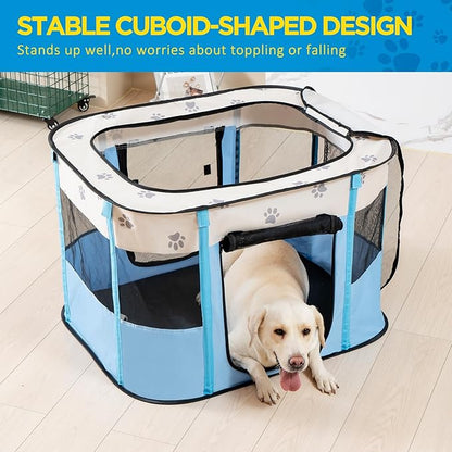 Avont Portable Dog Cat Playpen, Foldable Pop Up Pet Play Pen Travel Crate with Floor and Mesh Door Top for Indoor Outdoor Collapsible Tent Cage -L, Blue