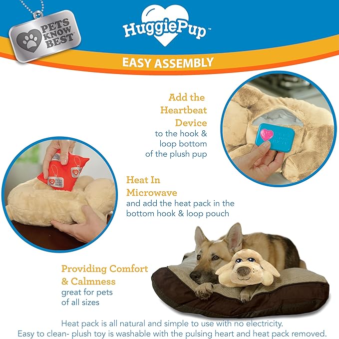 Pets Know Best presents HuggiePup - Cuddly Puppy Behavioral Aid Toy, Great for Crate Training- Pulsing Heartbeat, Heating Pack- Chocolate Dog