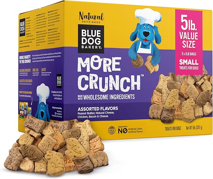 Blue Dog Bakery More Crunch Small Assorted Flavors, Dog Biscuits, Healthy Treats, All Natural, Bacon, Chicken, Cheese, Peanut Butter, 5 lb (Pack of 1)