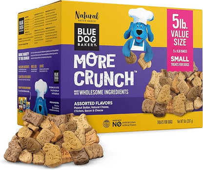 Blue Dog Bakery More Crunch Small Assorted Flavors, Dog Biscuits, Healthy Treats, All Natural, Bacon, Chicken, Cheese, Peanut Butter, 5 lb (Pack of 1)