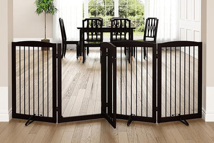 PUPETPO Freestanding Dog Gates with Door Walk Through, 80 inch Wide Gates Indoor, Dog Fences Indoor, Support Feet Included, 4 Panels, 32" Tall, Dark Brown