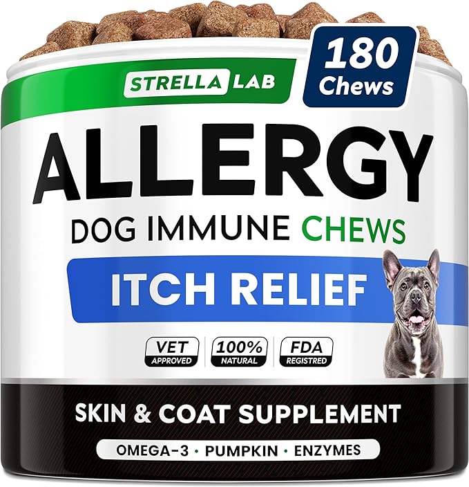 StrellaLab Dog Allergy Relief & Anti Itch Support Chews w/Omega 3: Real Ingredients, Real Taste! Skin & Coat Immune Supplement w/Fish Oil, Pumpkin & Enzymes — Developed by Experts - Made in USA -180Ct