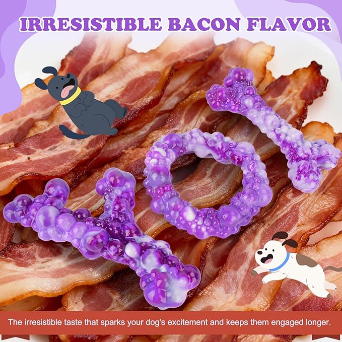 3Pack Dog Chew Toys for Aggressive Chewers, Indestructible Interactive Dog Chew Nylon Bone Toys for for Medium Large Breed 15-60lbs, Teething Toy to Keep Them Busy, Bacon Flavor (Purple)