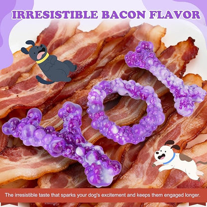 3Pack Dog Chew Toys for Aggressive Chewers, Indestructible Interactive Dog Chew Nylon Bone Toys for for Medium Large Breed 15-60lbs, Teething Toy to Keep Them Busy, Bacon Flavor (Purple)