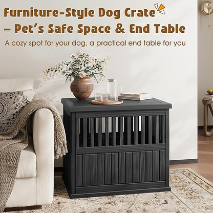 Bifanuo Dog House 30-Inch Dog Crate Furniture, Heavy Duty Dog Crate for Small Dog, Lockable Indoor Outdoor Dog Kennel & End Table, Decorative Plastic Pet Cage (Black)