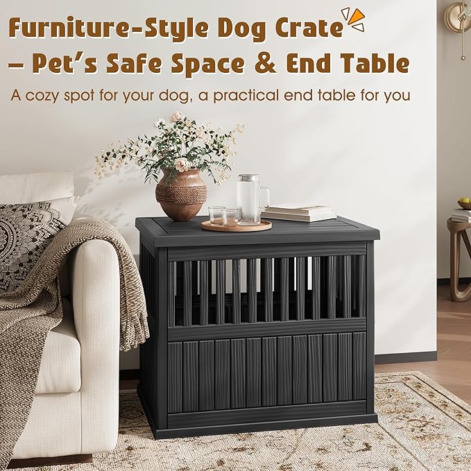 Bifanuo 30-Inch Dog Crate Furniture, Heavy Duty Dog Crate for Medium and Small Dog, Lockable Indoor Outdoor Dog Kennel & End Table, Decorative Plastic Pet Cage (Classic Black, 29.5" x 21"x 25.2")