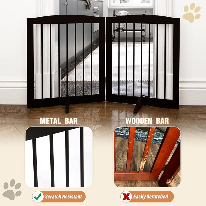 PUPETPO Freestanding Pet Gate for Dogs, Foldable Wooden Dog Gate for House, Indoor Pet Barrier for Stairs, Doorways, Support Feet Included, 24" Height 2 Panels, Brown
