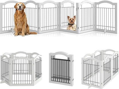 Vantas Folding No-Assembly Dog Door Pet Gate 144" Wide, 30" Tall Wooden Dog Gate with Door Walk Through, Freestanding Wire Pet Gate, Pet Puppy Safety Fence, with 2PCS Support – White